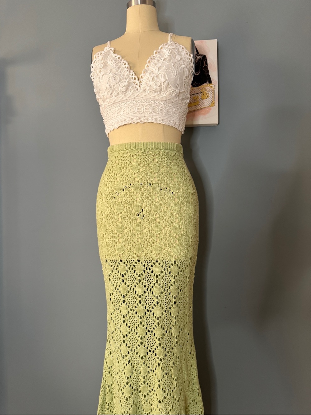 188 • Mermaid Crochet Maxi Skirt | Avocado Green Maxi Skirt - Picture 4 of 6